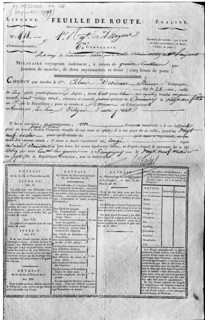 Feuille de route d'un soldat de la 6e compagne du 1er régiment de Dragons, datée du 29 Messidor, An VII