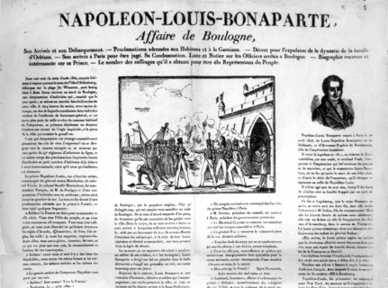 Août 1840: "Canard" de l'époque montrant le débarquement de Louis-Napoléon Bonaparte à Boulogne