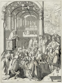 Un prèche. Gravure d'après Lucas de Leyde.