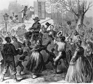 Abraham Lincoln (1809-1865) travelling in a horse-drawn carriage, triumphantly, down the rue de Richmond (Virginia), capital of the Confederate States of America.