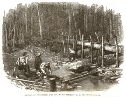 Travaux des chercheurs d'or sur l'un des affluents de la Chaudière (Canada).
