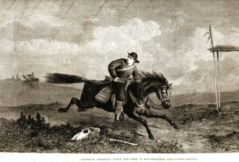 Post. An american postman delivering post between New-York and San Francisco (1864).