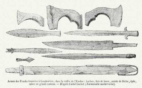 Frankish weapons found in Londinières, in the valley of Eaulne: axes, spearheads, arrowheads, sword, sabre sword, large knife.