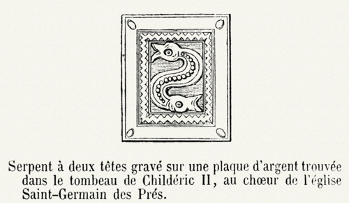Serpent à deux têtes gravé sur une plaque d'argent trouvée dans le tombeau de Childéric II, au choeur de l'église Saint-Germain des Prés.