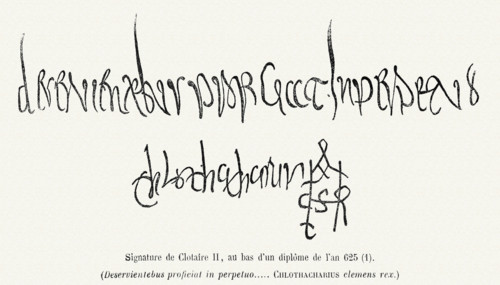 Signature de Clotaire II, au bas d'un diplôme de l'an 625.