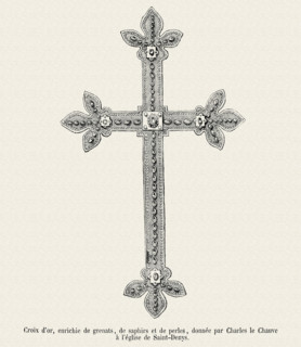 Golden cross, decorated with dark red saphires and pearls, donated to the Church of Saint-Denis by Charles the Bald.