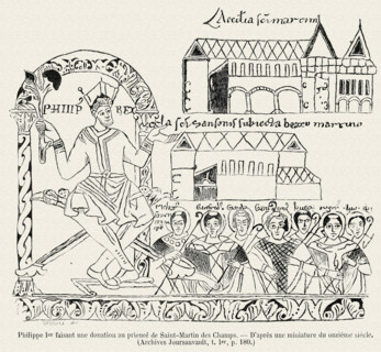 Philippe 1er faisant une donation au prieuré de Saint-Martin des Champs (d'après une miniature du 11 siècle).