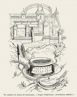 Vue cavalière de Carcassonne.