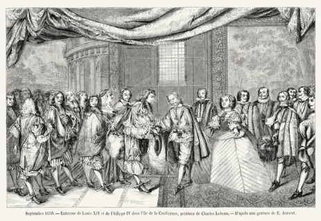 Entrevue de Louis XIV et de Philippe IV dans l'île de la Conférence, peinture de Charles Lebrun.