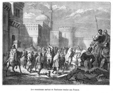 The Muslims leaving Narbonne, surrendering to the Franks.