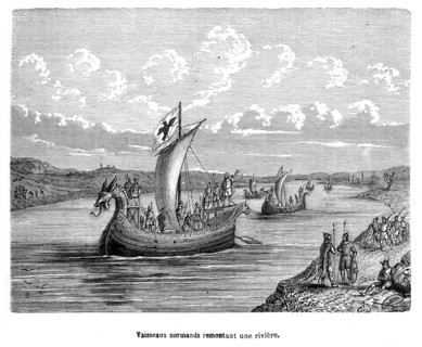 Drakkars normands remontant une rivière.