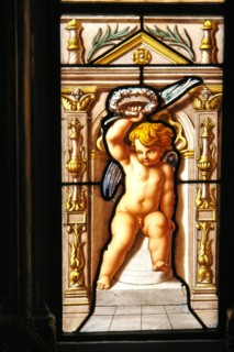 Close up of the stained glass window of angels in the oratory of the queen XIX