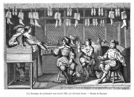 Une boutique de cordonnier sous Louis XIII.