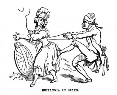 Britannia in Stays. Un révolutionnaire français serre le corset de l'Angleterre. Caricature