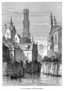 Vue de Bruges et des canaux, en 1865. Gravure.
