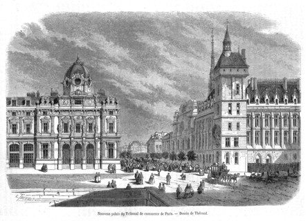 Palais du Tribunal de Commerce de Paris en 1865. Gravure.