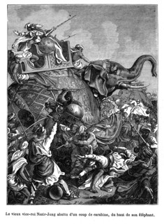 Le vieux vice-roi Nazir-Jung abattu d'un coup de carabine, du haut de son éléphant. En 1748 le