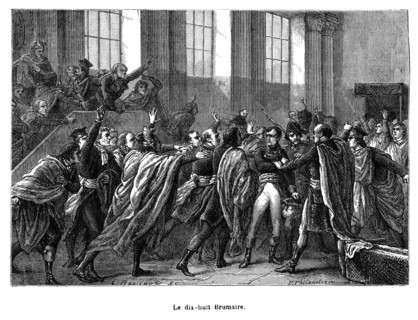 En France, le coup d'État du 18 brumaire (An VIII, 9 novembre 1799) de Napoléon Bonaparte marque la