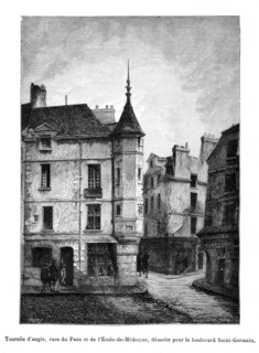 Tourelle d'angle, rues du Paon et de l'Ecole de Médecine, démolie pour le percement du boulevard