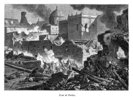 Prise de Puebla. Lors de l' Expédition du Mexique, une bataille a lieu autour de la ville de Puebla
