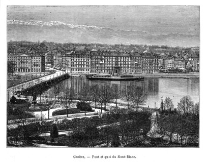 Suisse. Vue de Genève. Pont et quai du Mont-Blanc.