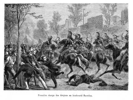 1832. Première charge des dragons au boulevard Bourdon. Les manifestants se transforment en