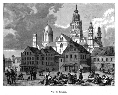 Vue de Mayence. Mayence (en allemand : Mainz, en latin : Moguntiacum), ville d'Allemagne, capitale,
