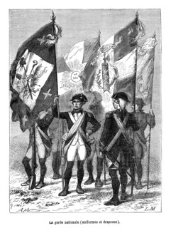 Révolution française. La garde nationale. Uniformes et drapeaux.