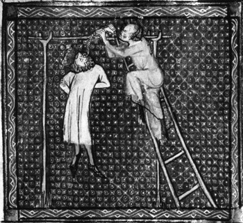 Pendaison de Crésus, roi de Lydie. Manuscrit du Roman de la Rose. Bibl. Ste Geneviève. Détail.