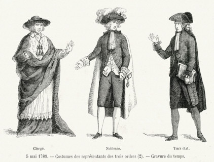 5 mai 1789. Costumes des représentants des trois ordres. Clergé, Noblesse et Tiers état. Gravure