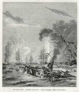 20 octobre 1827. Bataille de Navarin, d'après Langlois. La flotte turco-égyptienne est détruite par