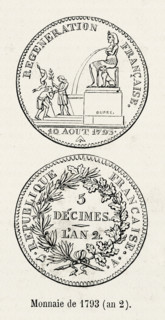 Révolution. Monnaie de 1793 (an 2). Gravure 19e.