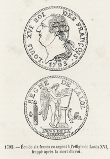Révolution. 1793. Ecu de six francs en argent à l'effigie de Louis XVI, frappé après la mort du roi