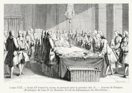 4 mars 1757. Louis XV tenant les sceaux en personne pour la première fois. Frontispice du tom IV de