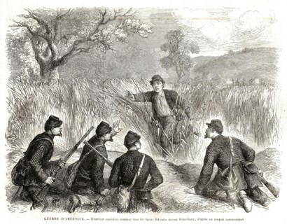 Guerre d'Amérique. Déserteur confédéré tombant dans les lignes fédérales devant Pétersburg (1864).