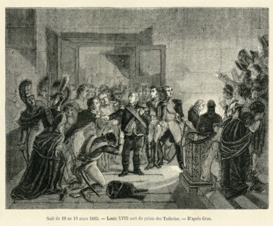 Nuit du 18 au 19 mars 1815. Louis XVIII sort du palais des Tuileries. D'après Gros.