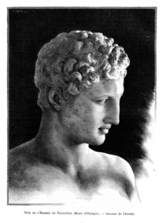 Tête de l'Hermès de Praxitèle (musée d'Olympie). Gravure de Crosbie.