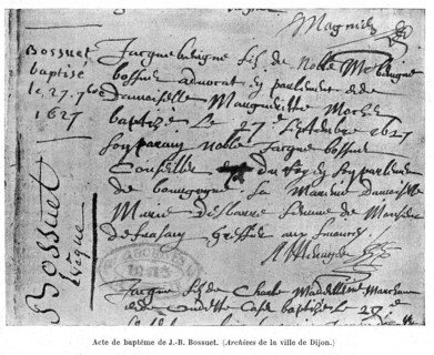 Acte de baptême de J.-B. Bossuet. Archives de la ville de Dijon.
