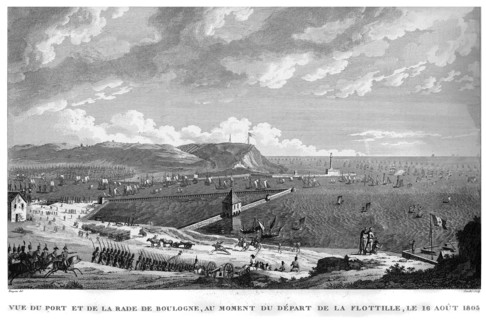 Epopée napoléonienne. Napoléon 1er. Vue du port et de la rade de Boulogne, au moment du départ de