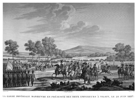 Epopée napoléonienne. Napoléon 1er. La garde impériale manoeuvre en présence des deux Empereurs à