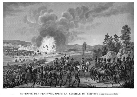 Epopée napoléonienne. Napoléon 1er. Retraite de Français après la bataille de Leipsick (Leipzig),