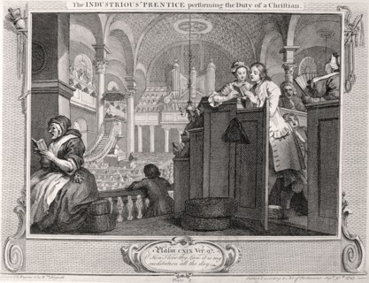 'The industrious 'prentice performing the duty of a christian', from Industry and Idleness 1747. Artist: William Hogarth