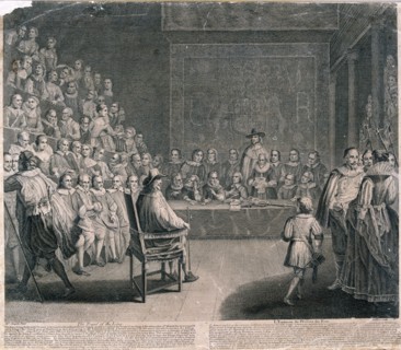 Trial of King Charles I, Palace of Westminster, c1725. Artist: Claude Dubosc