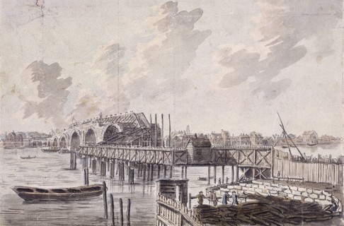 Construction of Blackfriars Bridge, London, c1762. Artist: Francis Grose