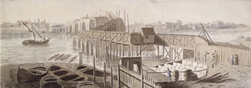 Construction of Blackfriars Bridge, c1762. Artist: Francis Grose
