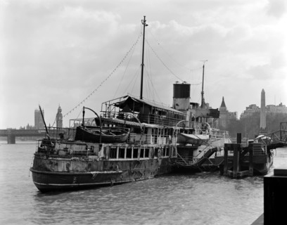 The Old Caledonia, derelict and fire damaged, Victoria Embankment, London, 1980