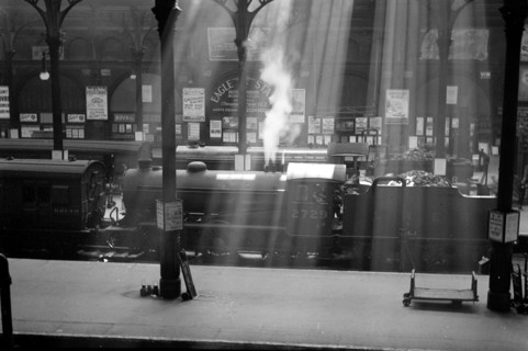 Steam locomotives wait at Liverpool Street Station, London