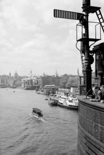 The River Thames at Stepney, London with a shipping signal in the foreground, c1945-c1965