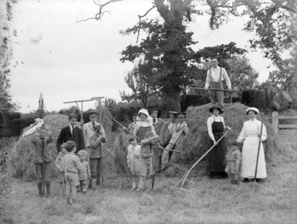 Convalescent soldiers helping women and children with haymaking, Great Dixter, East Sussex, 1916