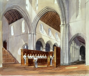 Reconstruction drawing of monks within the monastery of Rievaulx Abbey, North Yorkshire, 1990